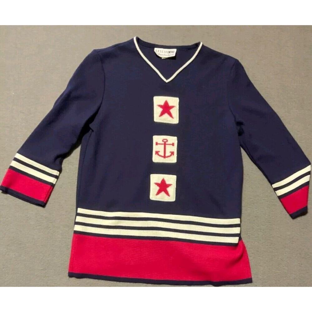 Leslie Fay Red White Blue Cruise Anchor Stars Nautical Sweater Top‎ Blouse S